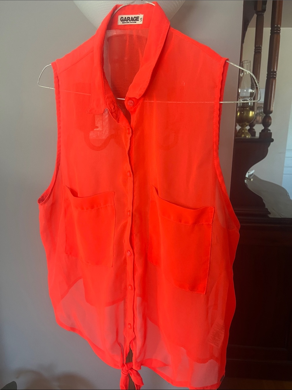 Garage Sheer Tie-Front Sleeveless Blouse - Neon Coral